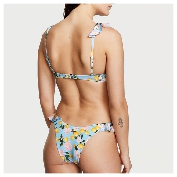 Victoria Secret Swim Ruffle Brazilian Bikini Set In Blue Lemon size 34 C/ M new - Picture 4 of 10